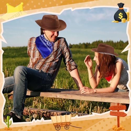 Hillban 48 Pack Cowboy Hats and Bandanas Set, Felt Plastic Cowgirl Hats for Women Men Cowboy Western Party Supplies(Brown, Red, Blue) - color: Brown, Red, Blue