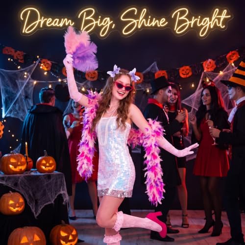 Huwena 8 Pcs Feather Boa Costume Accessory Set for Women Halloween Costume | Pink Feather Boa Pearl Necklace Sunglasses Lace Gloves Socks Butterfly Clips for Cosplay Party Wedding Tea