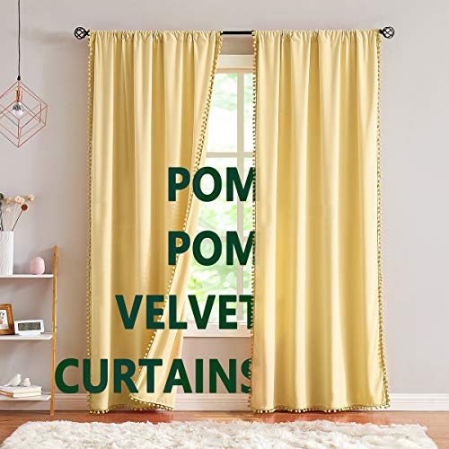 Pom Pom Velvet Curtains for Kid's Bedroom Yellow 42x84" Living Room Drapes - color: Pom Pom- Yellow, size: 42"W x 84"L (Pack of 2)