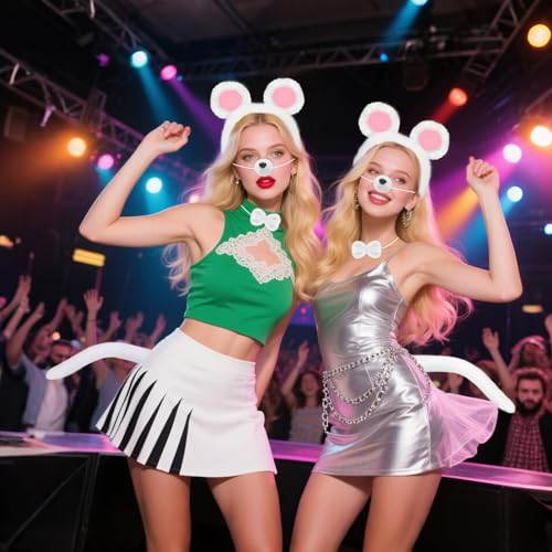 4 PCS Mouse Costume Set Rat Costume Mouse Ear Headband Tail Nose Bow Tie for Halloween Cosplay Animal Dress Up - color: White