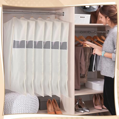 Aliceset 6 Pcs 43 Inches Cotton Garment Bags for Hanging Clothes Canvas Suit Bags for Clothes Coats Jackets Shirts Closet Storage Travel Gusseted Hanging Garment Cover - size: 43 inches