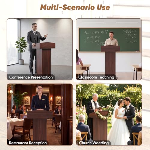Portable Podium Stand with Metal Wheels, Rolling Podium with Drawer and Adjustable Shelf, Mobile Pulpit for Church, Wooden Lectern for Classroom Office Restaurant Conference (Brown) - color: Brown
