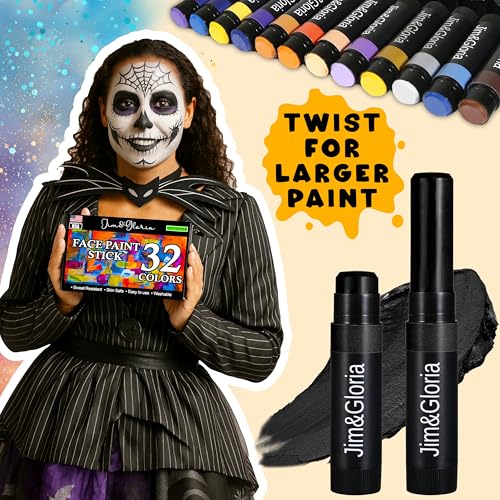 Jim&Gloria Face Paint Kit Bulk 32 Professional Face Painting Kit for Party, Metallic, Neon, Classic Makeup, Facepaint Crayons, Washable Body Paint Adults, Teenage Girls and Boys Christmas Gifts Crafts