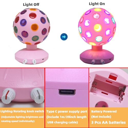 Spinning Disco Ball LED Night Light Projector 360° Rotary Speed/Brightness Adjustable Lamp for Parties, Lighting, Halloween, Christmas, Birthday, Holiday, Club, Bar (USB/Battery Operation) (Pink) - color: Pink