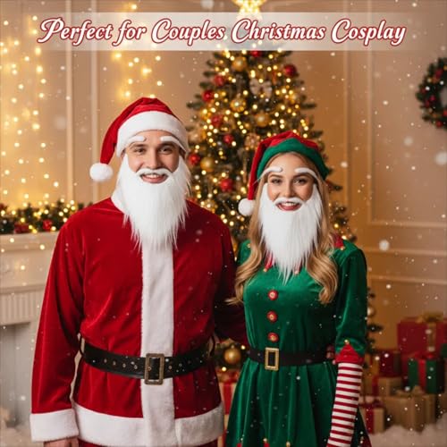 White Fluffy Fake Beard and Eyebrows Set - Realistic Santa Beard and Facial Hair Costume Accessory for Christmas Parties, Theater, and Cosplay