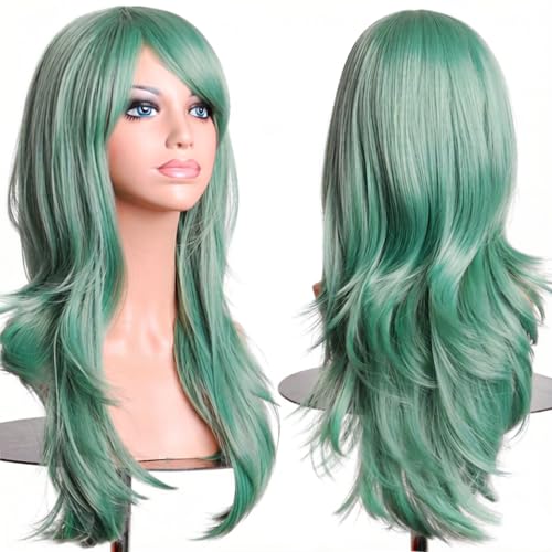 PORSMEER 70 cm/28 inches Charming Long Wavy Full Hair Wig Anime Cosplay Halloween Costume Party Heat Resistant Synthetic Wigs for Women Girls (Mint Green) - color: Mint Green