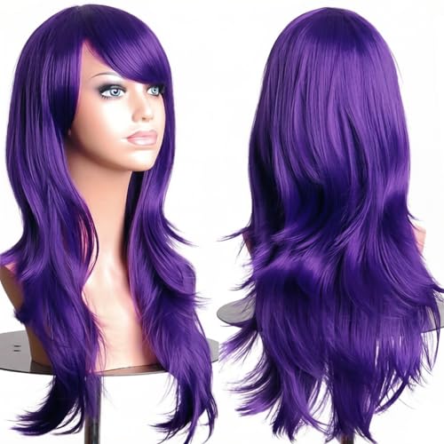PORSMEER 70 cm/28 inches Charming Long Wavy Full Hair Wig Anime Cosplay Halloween Costume Party Heat Resistant Synthetic Wigs for Women Girls (Purple) - color: Purple