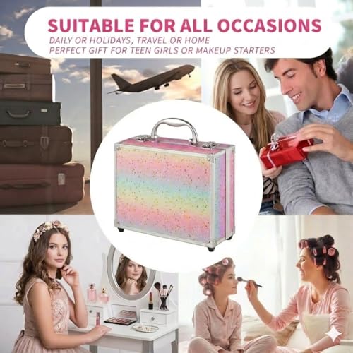Hot Sugar Makeup Kit Starter Gift Set with Train Case for Teens (Rainbow) | Complete beauty cosmetics set with reusable rainbow makeup box. Includes pigmented eyeshadow palette, blush and lipstick. - color: Rainbow