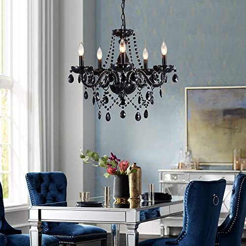 Saint Mossi Modern K9 Crystal Chandelier,Black Chandelier with 5 Lights E12 Base, Modern Pendant Ceiling Lighting Fixture for Dining Room,Bedroom,Living Room, D19 x H19 with Max 59" Adjustable Chain - color: Black