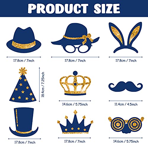 Zonon 24 Pcs Photo Booth Props Set Black Gold Birthday,Gold and Navy Blue | Props on Sticks for Wedding, Reunion, Prom, Includes Mustache, Hats, Glasses, Ties, Lips, Crowns, Fun Party Accessories - color: Gold and Navy Blue