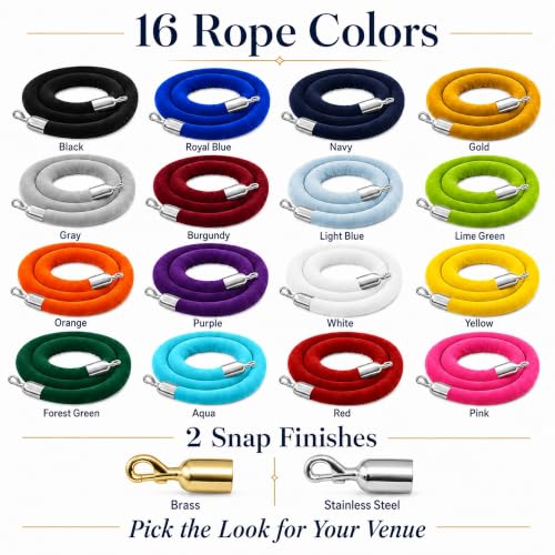 CCW 6 Ft Gold Velvet Hanging Stanchion Rope, Stainless Steel Snaps - color: Gold Rope With Polished Stainless Steel Snap Ends, size: 6 Foot