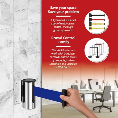 DuraSteel Wall Mount Crowd Control Retractable Belt Barrier- 9.2 Ft Blue Retractables Barrier Belt w/Stainless Steel Casing - Do Not Enter Crowd Control Barriers NOT Stanchions with Retractable Belts - color: Blue Belt, size: Stainless Steel Case