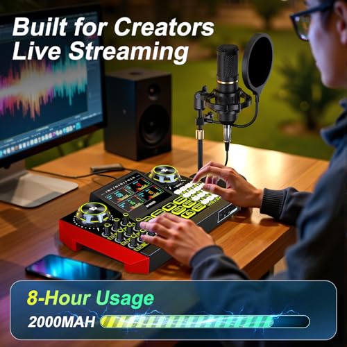 Audio Mixer, Sound Board for Pc/Phone Live Streaming Singing Gaming, Sound Mixer for 3.5/6.35mm Dynamic Microphone, Live Sound Card with DJ Mixer Effects & Voice Changer, Denoise, One Click Mute