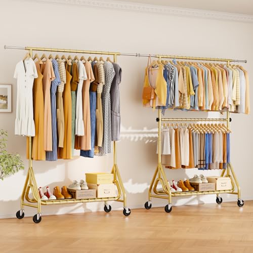 Double Rods Clothing Rack, Heavy Duty Clothes Rack for Hanging Clothes Load 560LBS, Metal Rolling Garment Racks with Wheels, Freestanding Clothes Hanging Racks, Gold - color: Gold, size: Double Rods