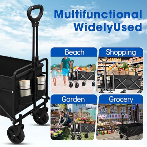 Wagons Carts Foldable, Collapsible Wagon with All-Terrain Wheels 420lbs Weight Capacity Heavy Duty Utility Wagon with Drink Holders for Beach, Garden, Camping, Shopping Groceries, Sports - size: 200L