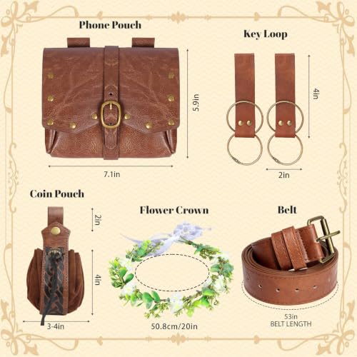 Renaissance Belt Pouch Set with Wreath - Renaissance Accessories with Pirate Belt Pouch for Halloween Cosplay & LARP - color: Brown-b