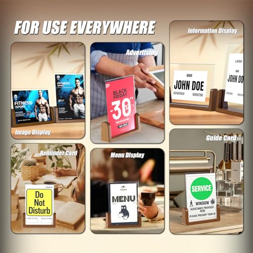 Walnut Wood U-Base 5"x7"Sign Holder Set – Premium U-Shaped Tabletop Display Stand with Clear Acrylic Panels,4Pack (3 Vertical + 1 Horizontal)5*7inches – Ideal for Photo, Menu, QR Code, Café, Home Décor