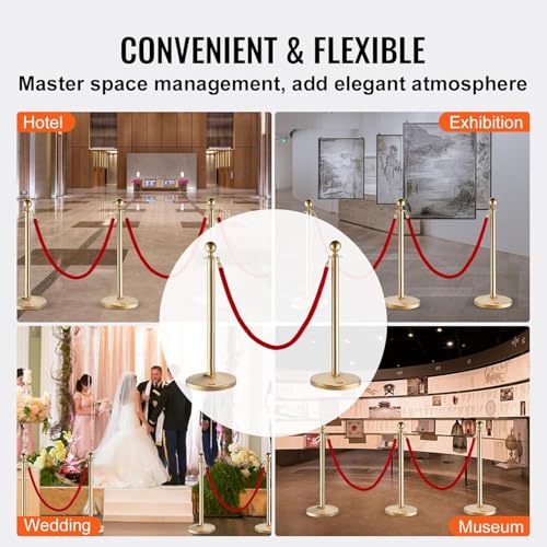 LOVMOR Stainless Steel Stanchion Post, 5 FT Red Carpet Ropes and Poles, 4 pcs Gold Stanchions with Red Rope, Hollow Base and Velvet Ropes Safety Barriers Set, Carpet Runner for Party - color: Gold-4pack