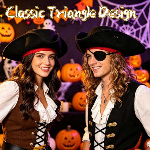 Xuyyicao Black Pirate Hat,Felt Tricorn Costume Colonial Hat | Pirate Costume Accessories Hat for Adult,Halloween,Dress Up,Party