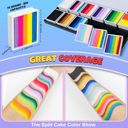 Drawdart Professional Face Painting Kit for Kids Adults, Rainbow Split Cake Face Paint Makeup Palette 12 x 10gm+ 4 Colors Pro Pressed Glitter Eyeshadow Palette, with Brushes Sponges Stencils Gems - color: Classic