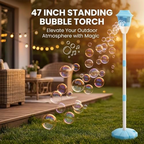 Bubble Machine, 47" Rechargeable Automatic Bubble Maker with Light Music, 3-Level Adjustable Heights, Detachable Bubble Wand for Outdoor Party Wedding, Includes Bubble Solution