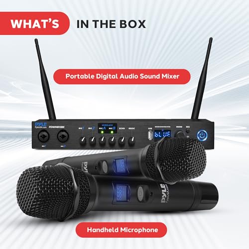 Pyle Digital Wireless Microphone System with Bluetooth - Includes 2 Dynamic UHF Handheld Mics, Portable Long-Range Receiver w/Built-in Echo Effect - for Live Pro Audio, Karaoke, Studio - PDWM813BK