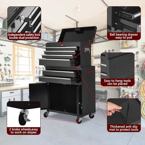 Heavy Duty 5-Drawer Rolling Tool Chest, 2-in-1 Detachable Top Tool Box, Locking Steel Storage Cabinet Cart on Wheels, Red&Black - color: Red&black, size: 5 Drawers