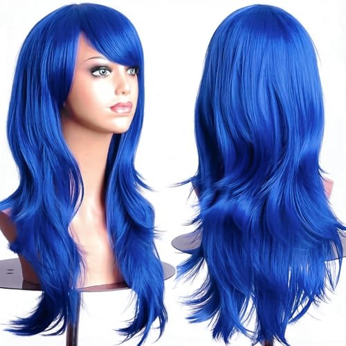 PORSMEER 70 cm/28 inches Charming Blue Long Wavy Full Hair Wig Anime Cosplay Halloween Costume Party Heat Resistant Synthetic Wigs for Women - color: Indigo Blue