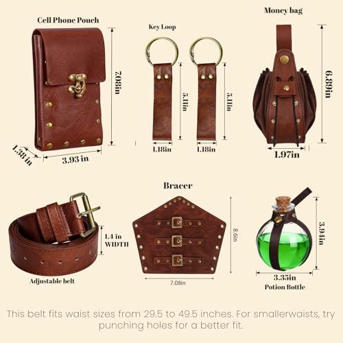 Renaissance Pirate Belt Pouch Accessories Set - Medieval Leather Belt Potion Bottles Skirt Hikes for LARP Halloween Cosplay (Brown HW) - color: Brown Hw