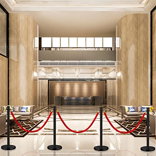 Wesiti 6 Pcs Stainless Steel Stanchion Post Queue with Crown Top 5 ft and 3 Pcs Velvet Rope and Poles Crowd Control Barriers Sand Injection Hollow Base and Velvet Ropes Set for Party (Black, Red) - color: Black, Red