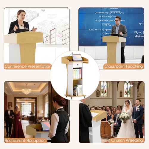 Portable Podium Stand with Metal Wheels, Rolling Podium with Drawer and Adjustable Shelf, Mobile Pulpit for Church, Wooden Lectern for Classroom Office Restaurant Conference (Oak White) - color: Oak+white