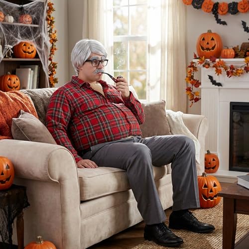 7 Pcs Halloween Fat Old Man Costume, Fake Belly and Chest Fat Suit