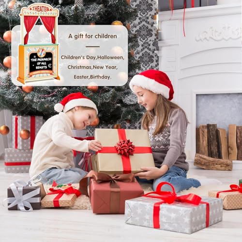 labebe - Deluxe Wooden Puppet Theater Bonus 2 Hand Puppet, 2-in-1 Clock Theater Reversible Play Store, Double-Sided Lemonade Stand, Puppet Show Theater Toy with Chalkboard for Kids 36M+