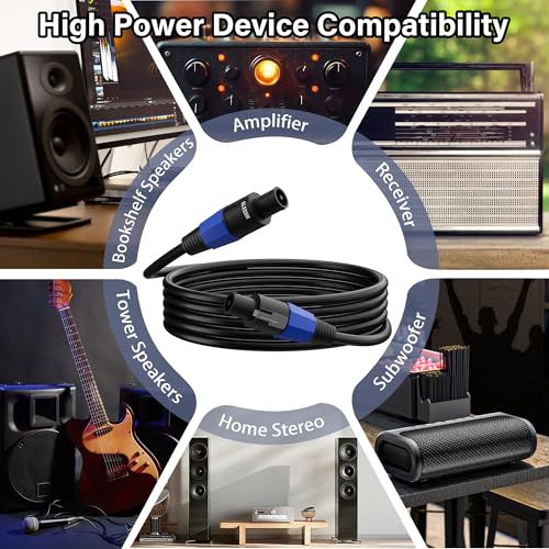 Elecan Professional Male Speakon to Speakon Cable 6 Ft/2 Pack, 12AWG Heavy-Duty High Power Audio Cord DJ/PA Amplifier Speaker Cable Wire with Twist Lock, 9.5mm OD, Black +Ties - size: 6FT-2PK