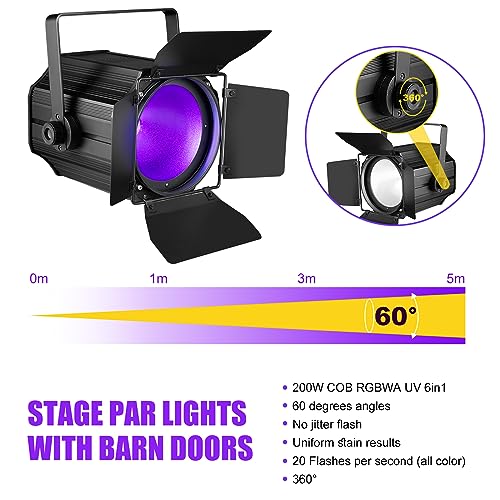 COB Stage Lights with Barn Doors, COB Par Light 200W LED RGBWAUV DMX512 Master-Slave Sound DJ Lighting Spotlight Fresnel for Church Concert Wedding