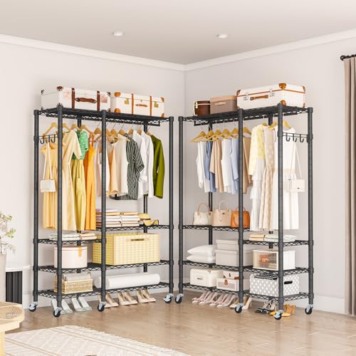 5 Tiers Wheel Portable Heavy Duty Garment Rack | Wire Adjustable Rolling Clothing Rack with Lockable Wheels & 2 Hanger Rods, Max Load 850LBS, Black - color: Black, size: A3W: 5 Tiers with 1 Rods,44.9"L x 16.5"W x 78.7"H
