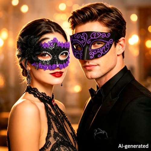 SIQUK Couple Masquerade Masks Set Venetian Party Mask Costume Mask - color: Black & Violet Sequins