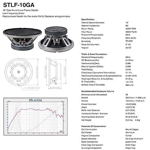 Sound Town 10" 250W Cast Aluminum Frame Woofer w/ 3" Voice Coil, Replacement Woofer for PA/DJ Speaker, Bass Guitar Cabinets (STLF-10GA) - size: 10"