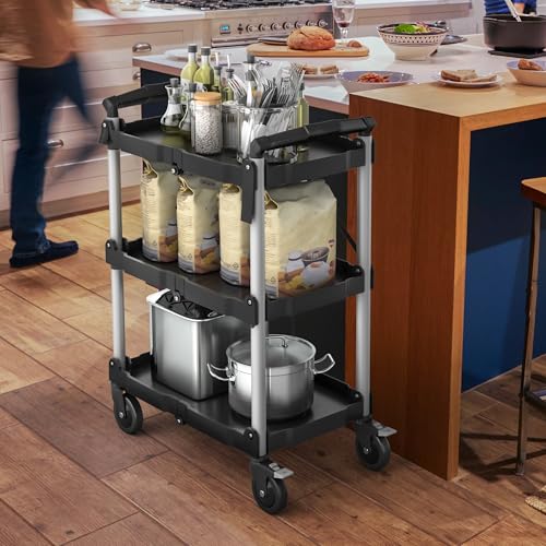 YITAHOME 3-Tier Folding Utility Cart with Wheels (2 Brakes), 350lbs - size: 350 LBS with 23"L x 15.35"W x 34.25"H
