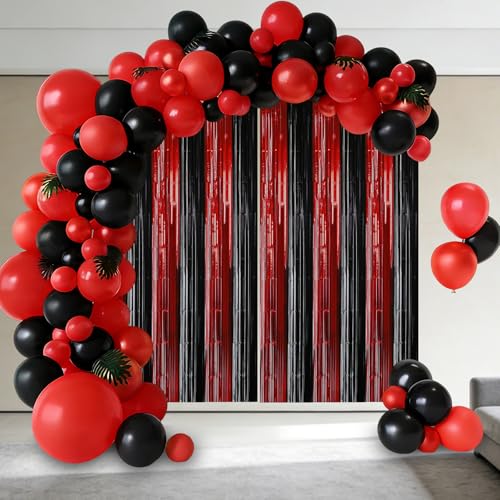 PintreeLand 2PCS Red and Black Foil Fringe Curtain, Metallic Tinsel Streamer Backdrop for Stanger, Friday, Halloween, Graduation Party Decorations