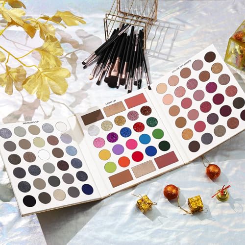Black Grey Eyeshadow Makeup Palette + 15 Brushes Set, 86 Colors Matte Glitter Highly Pigmented Long Lasting Eye shadow, Blush, Contour, Highlighter All in One Make Up Kit for Halloween & Daily Use - color: Pretty All Set 3