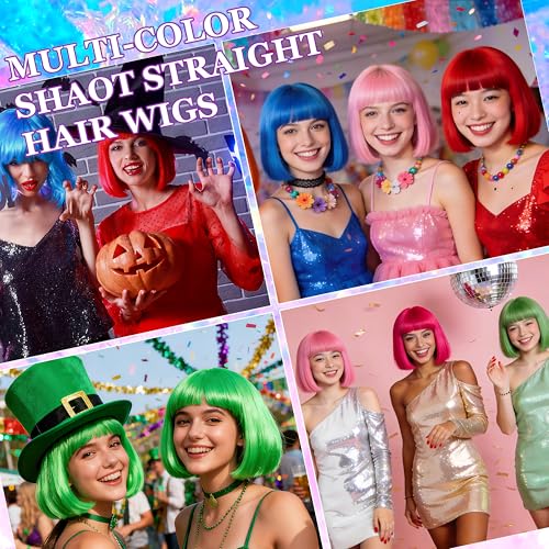 Short Bob Straight Hair Wigs with Bangs, Heat Resistant Fiber Hair, Heart-shaped Glasses for Women (Pink-Purple) - color: Pink-Purple