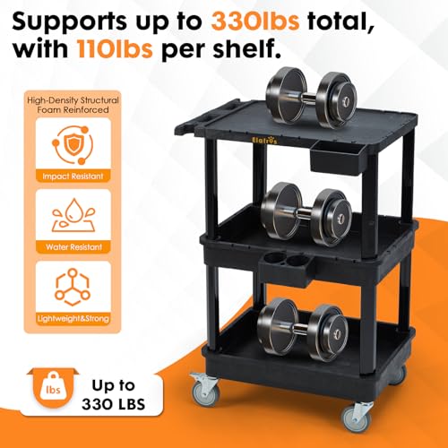 ELAFROS 3-Tier Flat Top & Deep Tub Rolling Utility Cart, 27.5 x 18.25 in (Pack of 2) - size: 27.5" x 18.25" x 38.8" (Pack of 2)