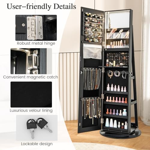LOKO 360° Swivel Jewelry Cabinet, Lockable Jewelry Organizer (Black) - color: Black