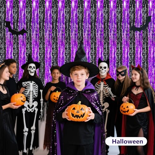 BEISHIDA Black Purple Door Streamers Backdrop Foil Fringe Tinsel Party Streamers Curtains Photo Backdrop - 2Pcs for Birthday Graduation Halloween Party Decoations - color: 05-black purple