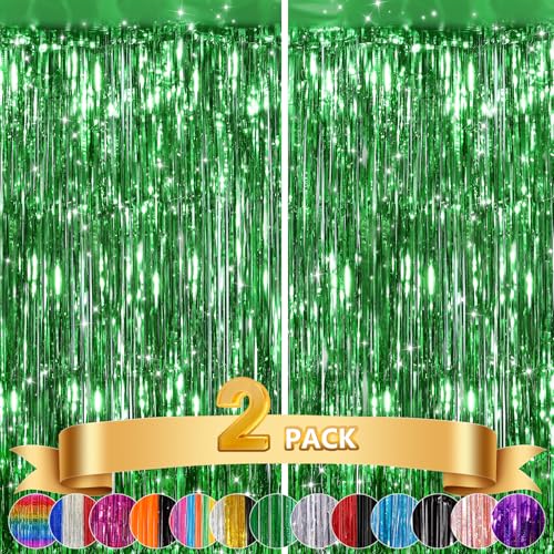 GCB Green Foil Fringe Backdrop Curtain, Metallic Tinsel Streamers, 2 Pack | Green Foil Curtain, Birthday Party Decorations, Christmas, St. Patrick's Day, Photo Booth, Wedding Baby Shower Holiday Events - color: Green