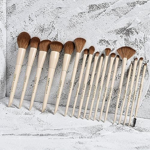 LORYP 18 Piece Makeup Brushes Set Labeled Face and Eye Brush Set Complete with Foundation, Concealer, Contour, Blending, Blush, Eyeshadow Brushes with Travel Holder Case - color: B-Khaki