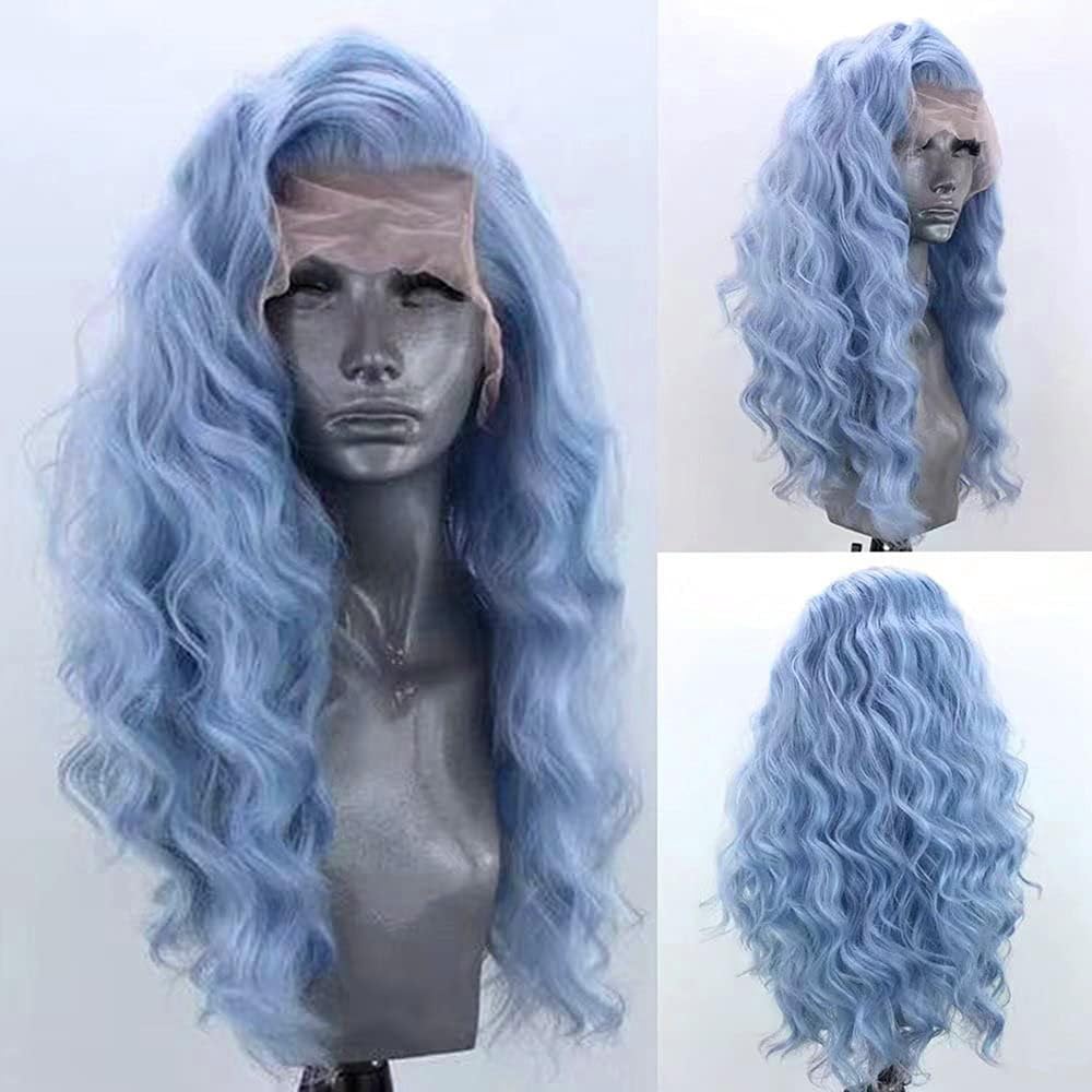 RDY Light Blue Lace Front Synthetic Wig for Women 24inches Loose Body Wave Lace Frontal Long Wavy Heat Fiber Hair Half Hand Tied Wig Cosplay Daily Use Hair - color: Blue-1
