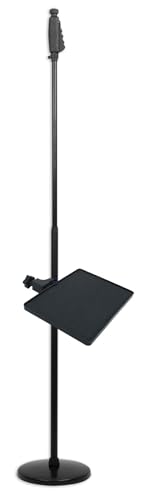 Rockville RVMIC4 V2 Black Microphone Stand Bundle with MTRAY Utility Shelf | Metal Quick-Release Hand Clutch, Round-Base, 38-61" Height Range, Mic Clip, Cable Clip, 9.7" x 7.3" Clamp-On Tray, 2-Items