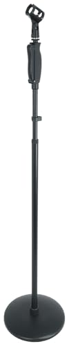 Rockville RVMIC4 V2 Black Round-Base Pro Mic Stand with Metal Hand Clutch | 38-61 Inch Adjustable Height, Quick-Release Clutch, Includes Mic Clip, 3/8 to 5/8 Adapter, Cable Clips, Steel and Aluminum